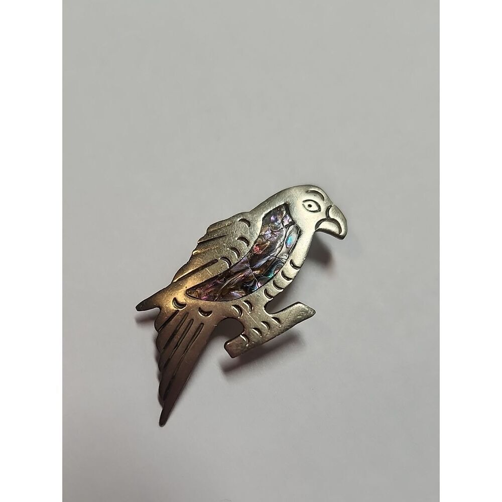 Silver Tone Parrot Brooch with Abalone Inlay Alpaca Mexico